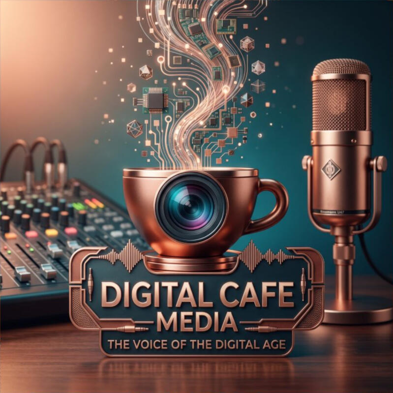Digital Cafe Media logo: a copper coffee cup with a vintage microphone and the tagline The Voice of the Digital Age