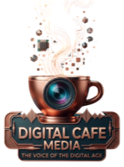 Digital Cafe Media logo: a copper coffee cup with a vintage microphone